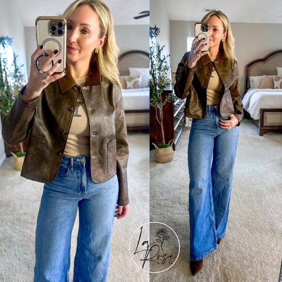 Brooks Faux Leather Long Sleeve Cropped Jacket | Chocolate Brown Fall and Winter - Picture 3 of 11